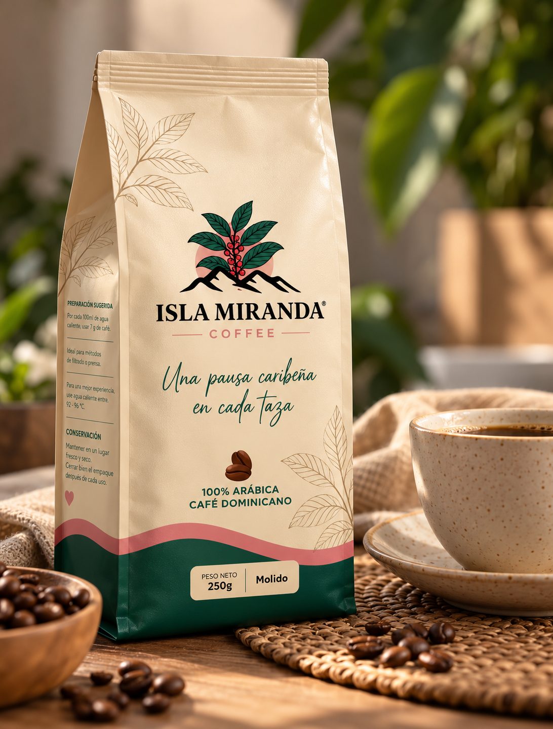 Empaque de Isla Miranda Coffee junto a una taza de café servida y granos tostados, con luz cálida