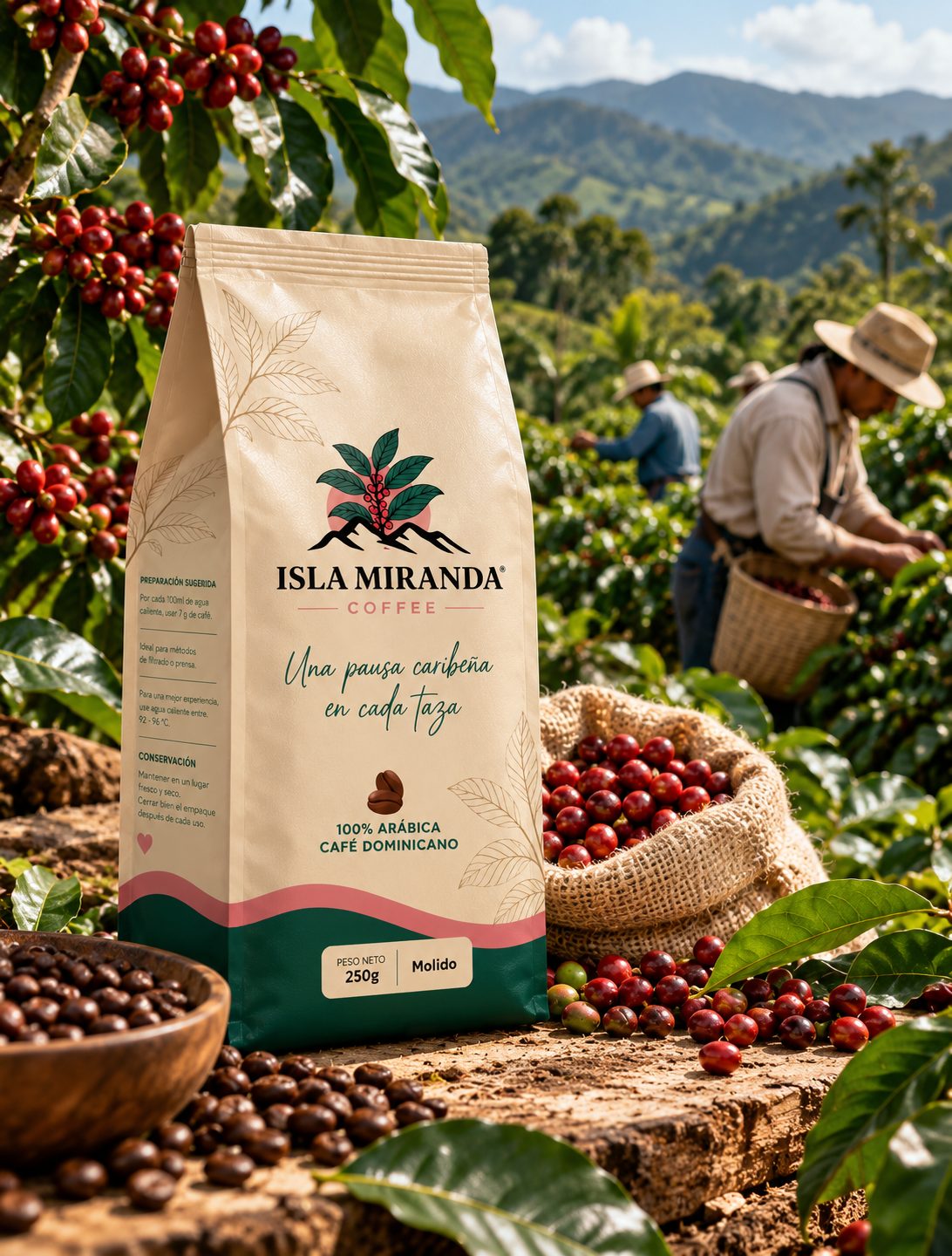 Cafetal entre montañas con cerezas de café maduras, recolectores trabajando y el empaque de Isla Miranda Coffee